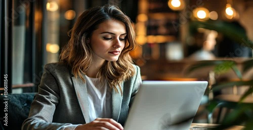 Professional Woman Working on Laptop in Cozy Cafe Setting