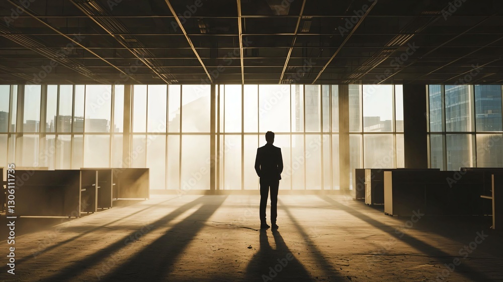 Businessman standing alone in an empty office, reflecting on closure, void of furniture, sunlight streaming through windows, capturing poignant moment of transition and loss Businessman standing alone in an empty office, reflecting on closure, void of furniture, sunlight streaming through windows, capturing poignant moment of transition and loss