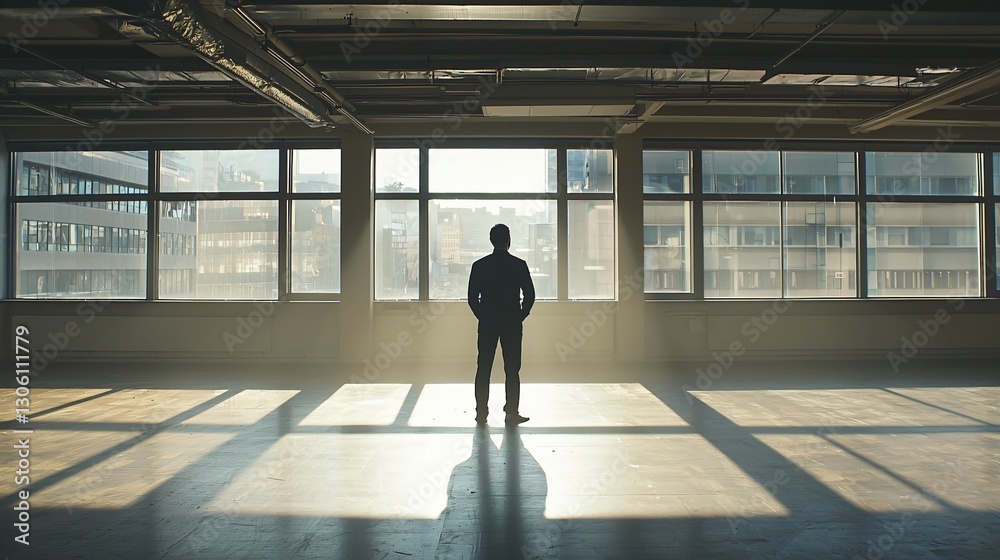 Businessman standing alone in an empty office, reflecting on closure, void of furniture, sunlight streaming through windows, capturing poignant moment of transition and loss Businessman standing alone in an empty office, reflecting on closure, void of furniture, sunlight streaming through windows, capturing poignant moment of transition and loss