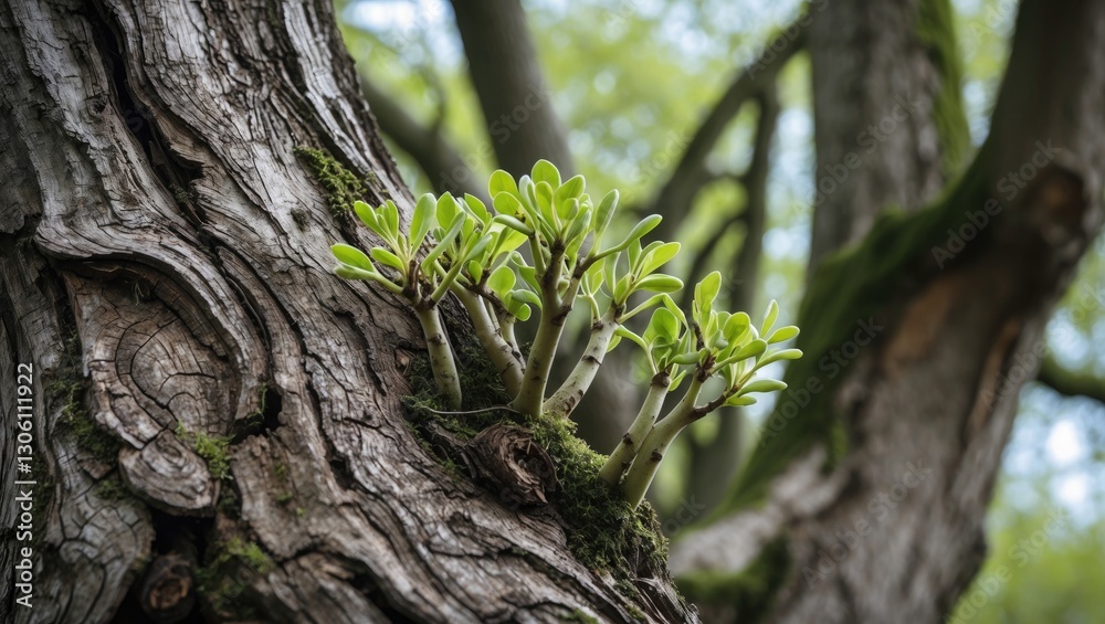 Obraz premium Green shoots emerging from the bark of an ancient tree symbolizing renewal and growth in spring season amidst lush natural surroundings.