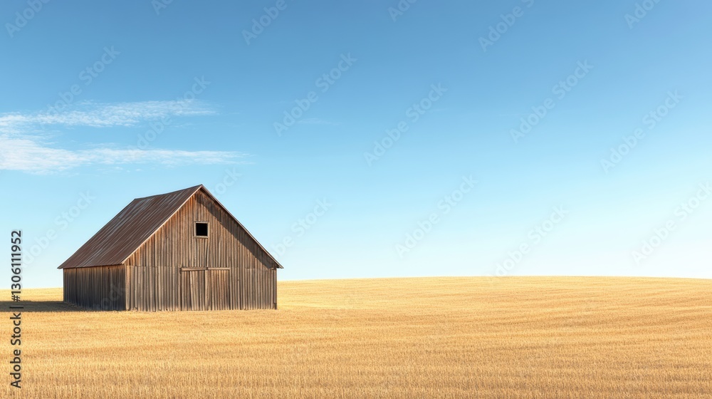 Solitary Rustic Barn in Golden Wheat Field Under Vast Blue Sky: A Peaceful Rural Landscape Solitary Rustic Barn in Golden Wheat Field Under Vast Blue Sky: A Peaceful Rural Landscape