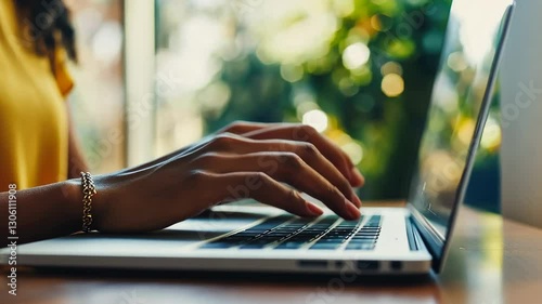 Focused Hands Typing on Laptop in Bright Outdoor Environment