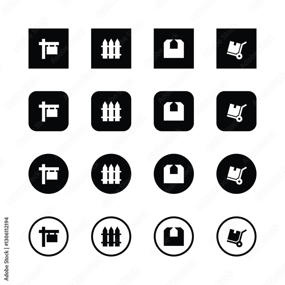 Minimalist icons, real estate symbols, black and white design, square icons, circular icons, for sale sign, picket fence, house, hand truck, property management, vector graphics, clean lines. Minimalist icons, real estate symbols, black and white design, square icons, circular icons, for sale sign, picket fence, house, hand truck, property management, vector graphics, clean lines.
