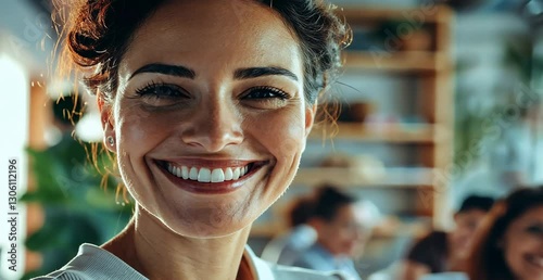 Joyful woman smiling brightly in a modern office environment