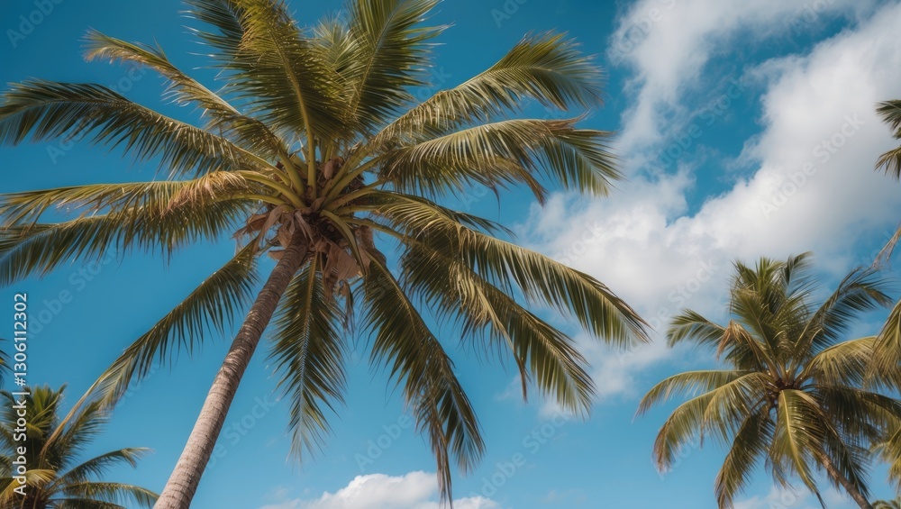 Coconut Trees Against Clear Blue Sky with Copy Space for Text Tropical Vacation Serenity Nature Background Coconut Trees Against Clear Blue Sky with Copy Space for Text Tropical Vacation Serenity Nature Background