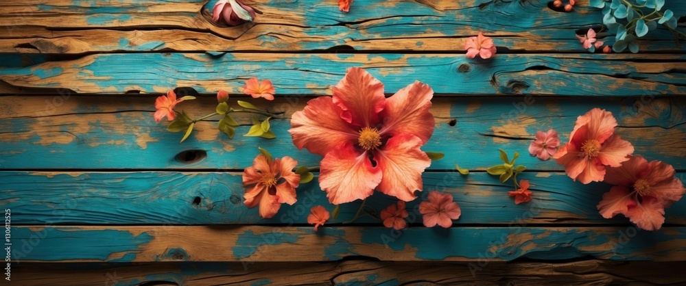 Fototapeta premium Colorful floral arrangement on distressed wooden planks creating a vibrant and rustic background design for various projects.