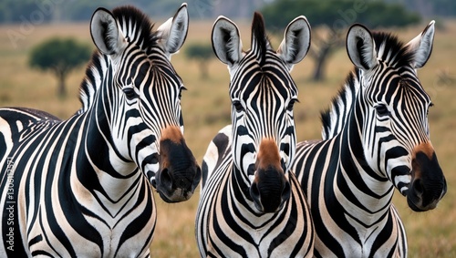 Three zebras in close-up on African grasslands showcasing distinctive black and white stripes in their natural habitat.