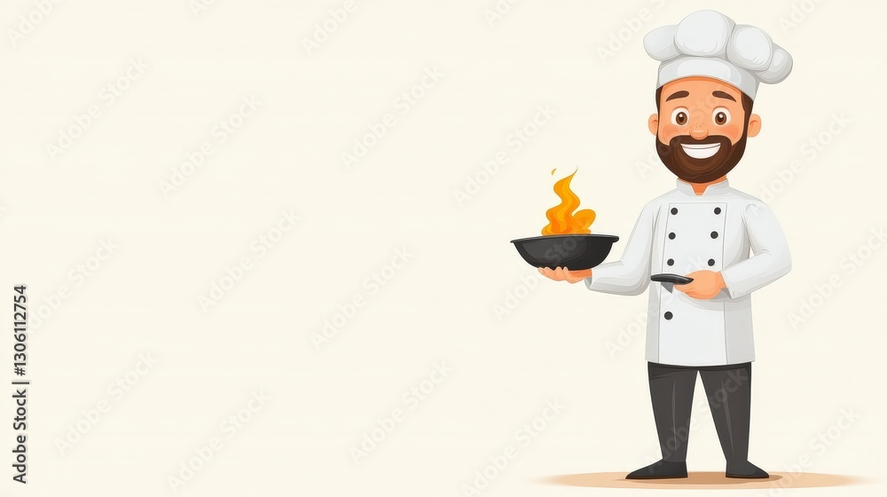 Cartoon chef with a joyful expression holding a flaming skillet in a vibrant kitchen setting with a neutral background Cartoon chef with a joyful expression holding a flaming skillet in a vibrant kitchen setting with a neutral background