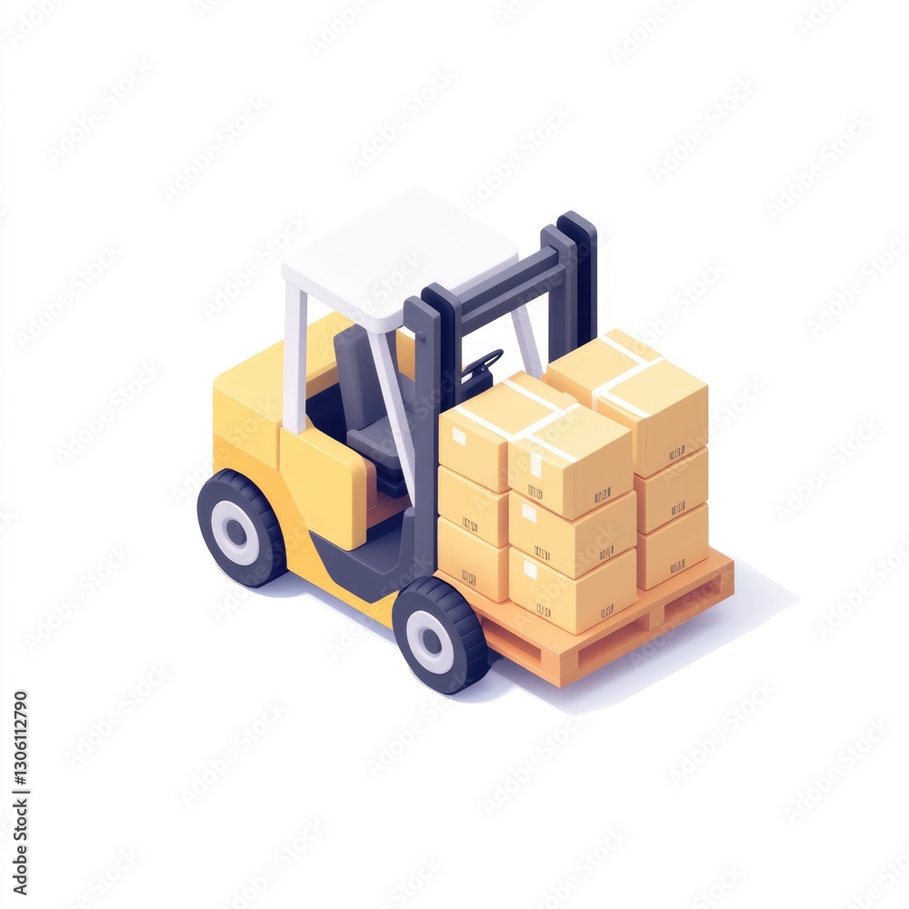 3D forklift with pallet of boxes icon on a white background, simple design, no shadow or detail, no text or letters in the picture 3D forklift with pallet of boxes icon on a white background, simple design, no shadow or detail, no text or letters in the picture