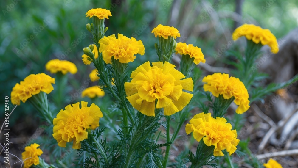 Vibrant Yellow Marigold Flowers Blooming Amidst Lush Green Nature in a Garden Setting Vibrant Yellow Marigold Flowers Blooming Amidst Lush Green Nature in a Garden Setting