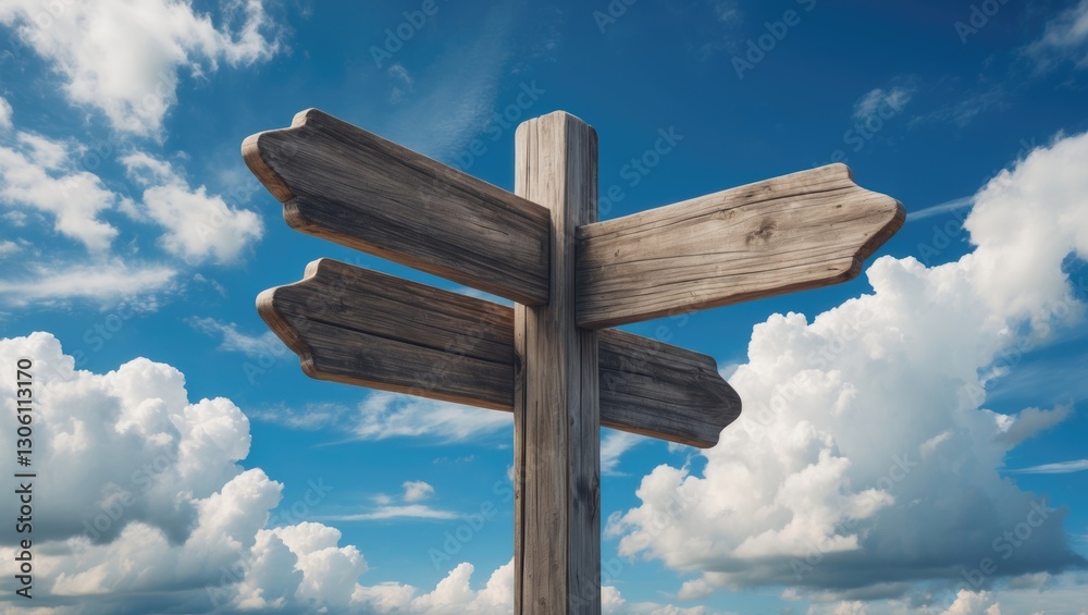 Wooden signpost against a vibrant blue sky with fluffy clouds offering direction cues and editing opportunities for templates and mockups Wooden signpost against a vibrant blue sky with fluffy clouds offering direction cues and editing opportunities for templates and mockups