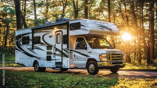 A white motorhome parked in a forest during a beautiful sunset.  Perfect for adventure and travel.