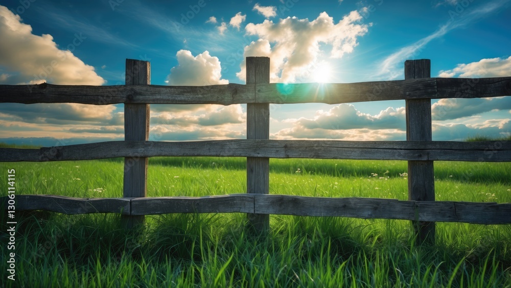Wooden Fence Against Lush Green Grass Under Bright Blue Sky with Fluffy Clouds and Sunlight Nature Landscape Concept for Outdoors Relaxation. Wooden Fence Against Lush Green Grass Under Bright Blue Sky with Fluffy Clouds and Sunlight Nature Landscape Concept for Outdoors Relaxation.
