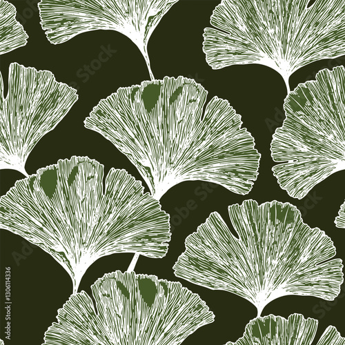 Seamless floral pattern with ginkgo biloba leaves. Art flowers on color background. Decorative sceleton leaf. Vector hand drawn illustration. Minimal linear style.