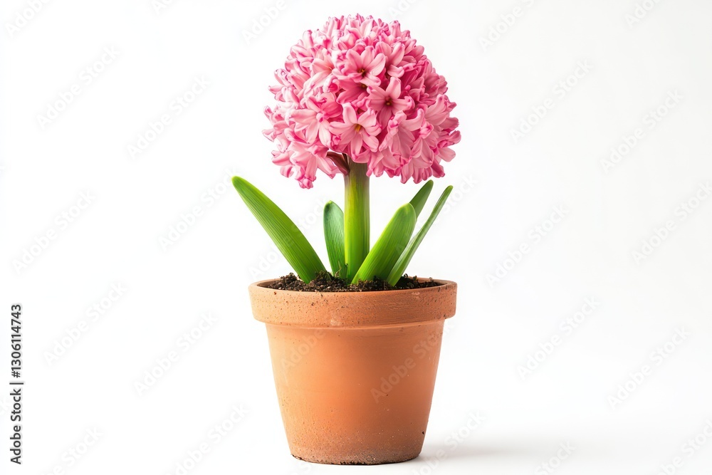 A minimalist image of a pink hyacinth flower in a pot, isolated on white, focusing on the softness and vibrancy of the pink blooms. A minimalist image of a pink hyacinth flower in a pot, isolated on white, focusing on the softness and vibrancy of the pink blooms.