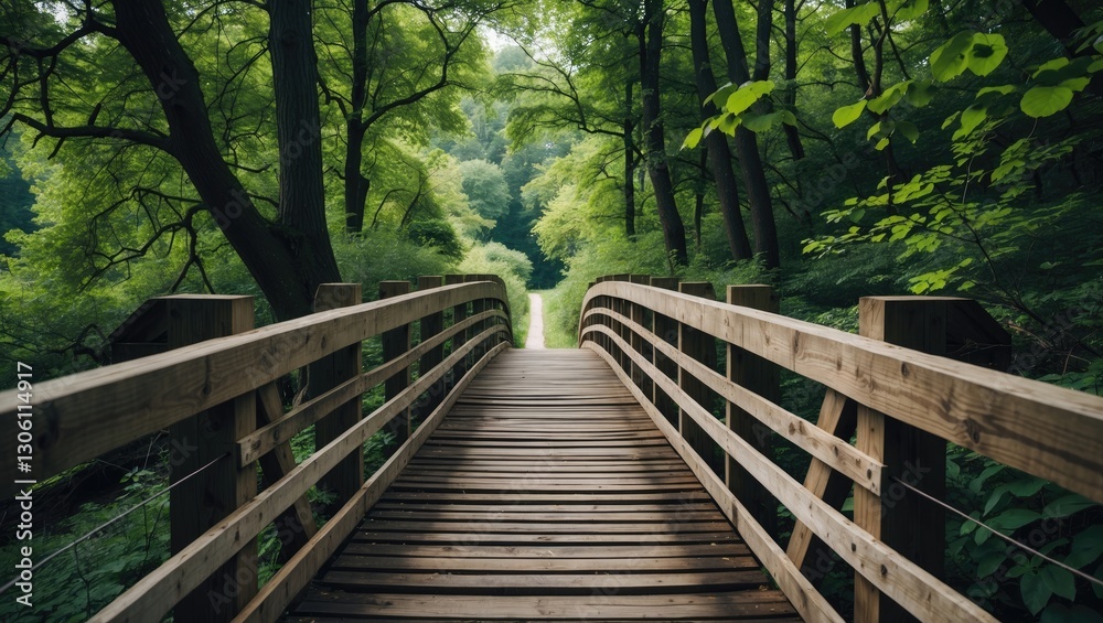 Wooden footbridge leading through lush green forest foliage creating a serene countryside pathway for nature lovers and outdoor enthusiasts Wooden footbridge leading through lush green forest foliage creating a serene countryside pathway for nature lovers and outdoor enthusiasts