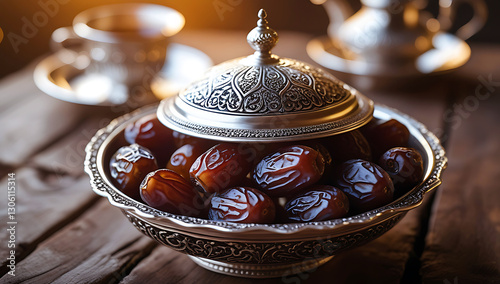 Ramadan Iftar Scene with Dates, Lantern, and Crescent Moon