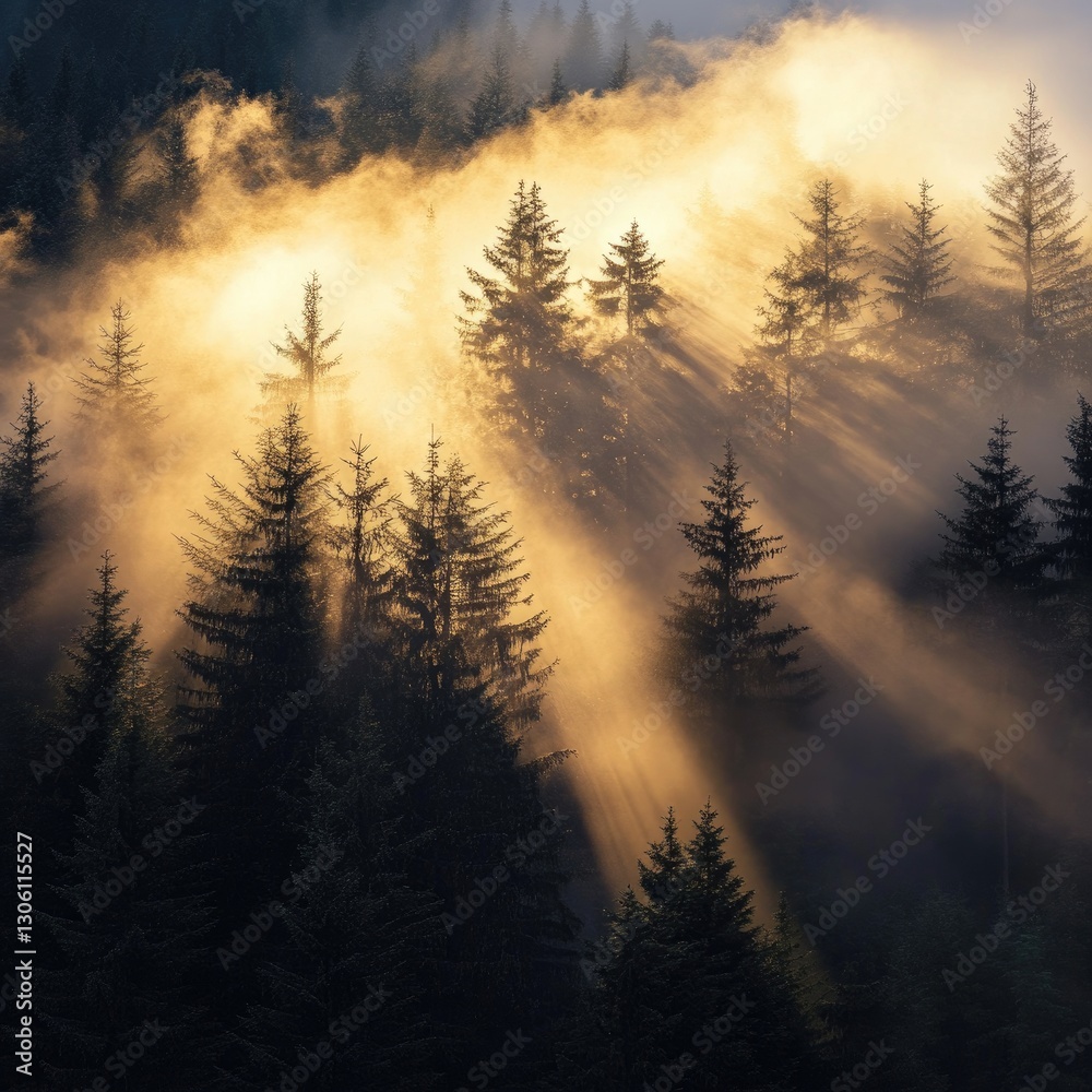 Fototapeta premium A misty mountain forest at sunrise, with the sun's rays breaking through the fog and illuminating the trees in shades of gold, black, and white.