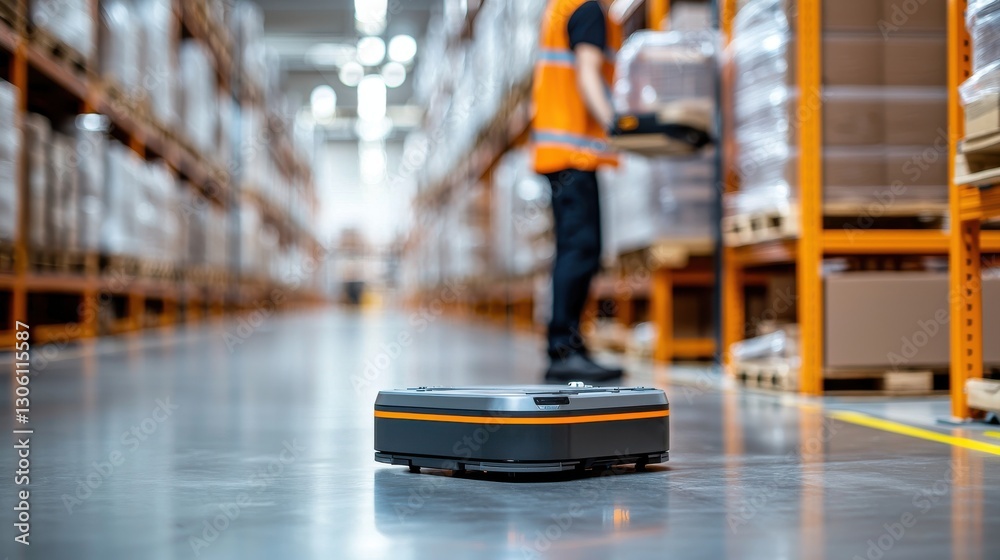 Obraz premium Automated robot in a warehouse assisting with logistics operations.