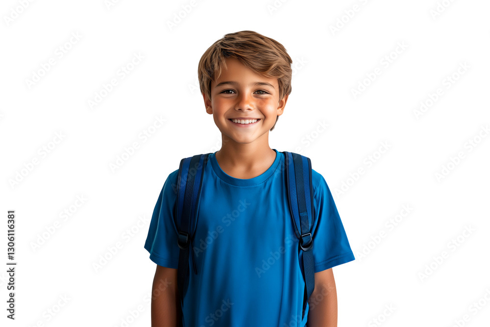 Portrait of a smiling young schoolboy with backpack, isolated on white background