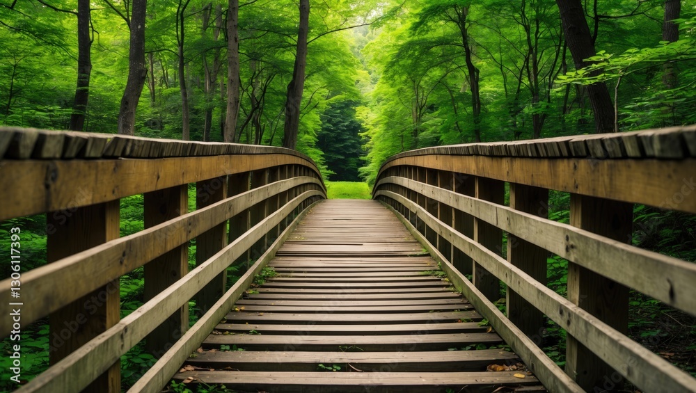 Wooden Footbridge Surrounded By Lush Green Foliage In Serene Forest Landscape Wooden Footbridge Surrounded By Lush Green Foliage In Serene Forest Landscape