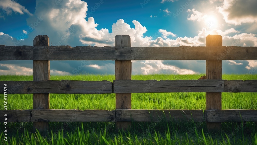 Wooden Fence Framing Lush Green Grass Field Under Bright Blue Sky With Clouds Illuminated By Sunlight Nature Landscape Background Wooden Fence Framing Lush Green Grass Field Under Bright Blue Sky With Clouds Illuminated By Sunlight Nature Landscape Background