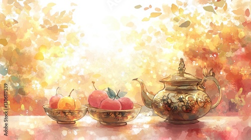 Elegant Teapot with Fruit in a Warm, Golden Setting with Light