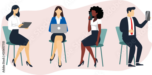 People with devices set. Female and male characters use smartphone, laptop, tablet and making phone call, surfing the internet, browsing in social media. Business doodle concept. Vector illustration