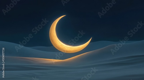 Mystical Crescent Moon Shining Over Serene Desert Landscape