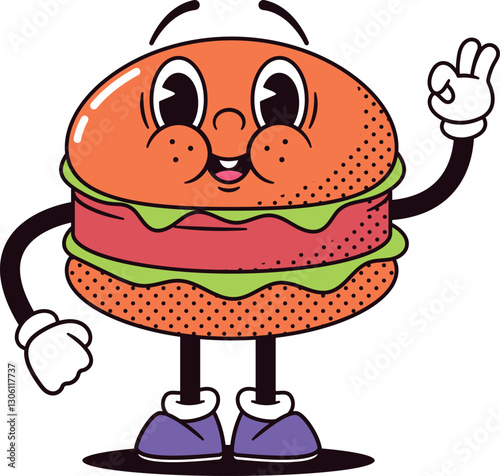 Retro cartoon burger fastfood character