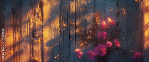 Floral arrangement on weathered wood background illuminated by warm sunlight creating a serene and rustic atmosphere. photo