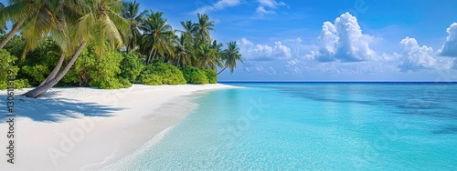 A panoramic view of the pristine white sandy beach in the Maldives, with palm trees and clear blue skies.