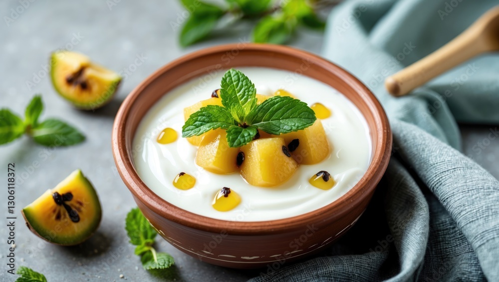 Yogurt with Granadilla and Mint in Clay Bowl Surrounded by Fresh Ingredients on Stylish Textile Background Yogurt with Granadilla and Mint in Clay Bowl Surrounded by Fresh Ingredients on Stylish Textile Background