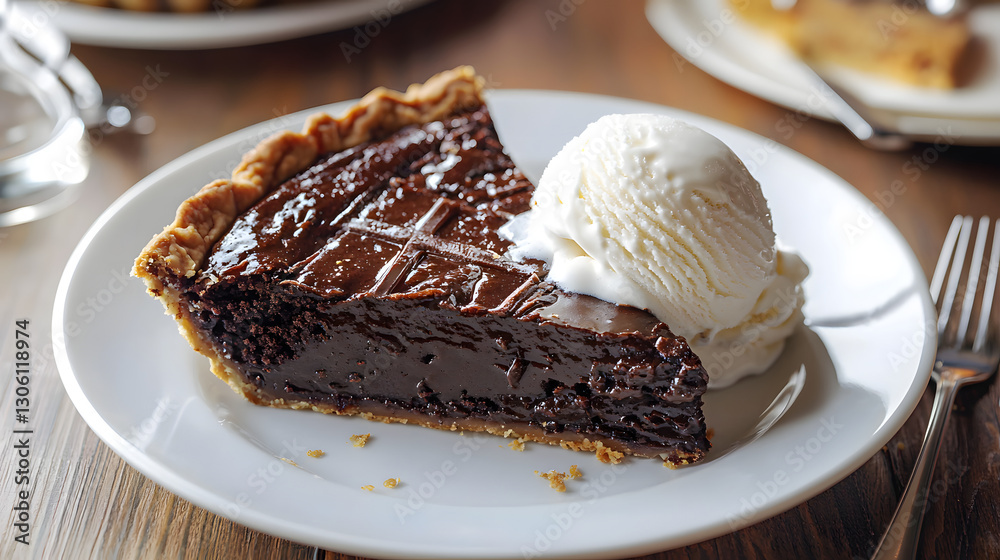 Decadent Slice of Mississippi Mud Pie with Ice Cream on a Plate for Dessert Lovers Decadent Slice of Mississippi Mud Pie with Ice Cream on a Plate for Dessert Lovers