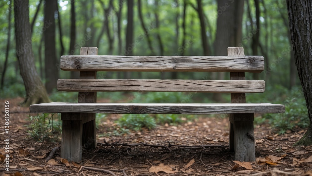 Rustic Wooden Bench Surrounded by Lush Green Forest in Tranquil Natural Setting Ideal for Rest and Reflection Rustic Wooden Bench Surrounded by Lush Green Forest in Tranquil Natural Setting Ideal for Rest and Reflection
