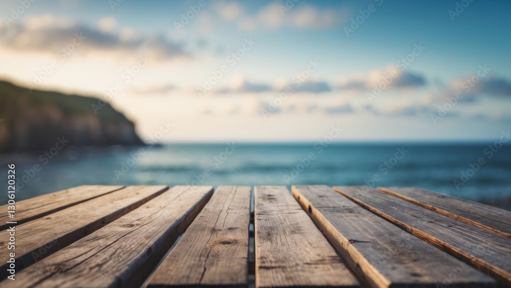 Fototapeta premium Wooden Tabletop Front View with Blurred Ocean and Sky Background Featuring Space for Text or Graphics