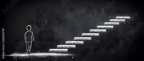 Boy looking at staircase to the future illustration