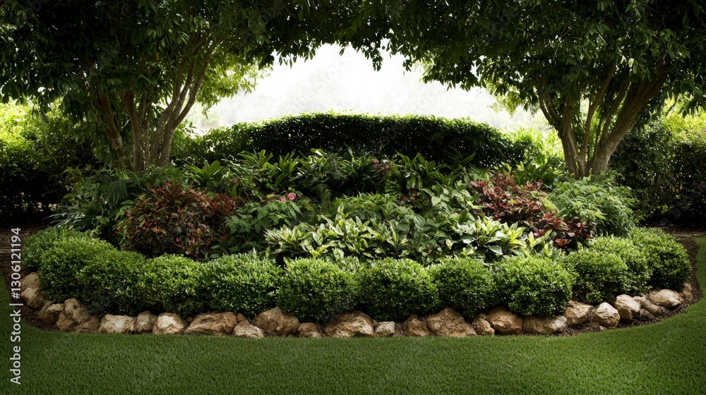 Naklejka premium Lush Tropical Garden Design Plants Flowers and Landscaping