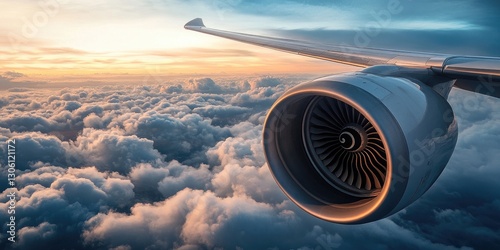 A photograph of an airplane engine, flying above the clouds, with a blue sky and white cloud background.