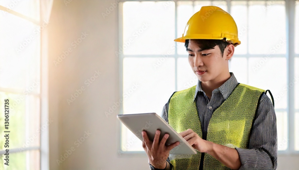 タブレットを使って点検する男性作業員 タブレットを使って点検する男性作業員