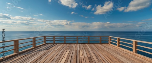 Scenic Wooden Deck Overlooking Tranquil Sea and Blue Sky with Clouds