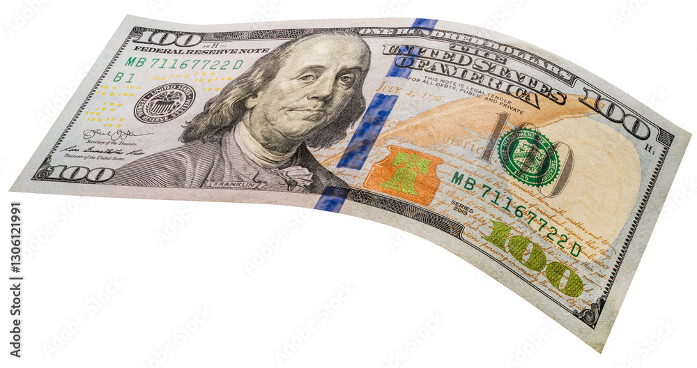 100 dollars banknotes falling in the air isolated on white, Flying 100 American dollars banknotes isolated on white background PNG File.