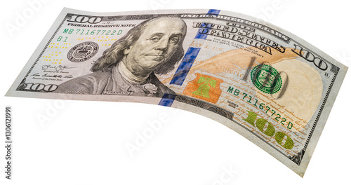 Obraz na płótnie 100 dollars banknotes falling in the air isolated on white, Flying 100 American dollars banknotes isolated on white background PNG File. w salonie