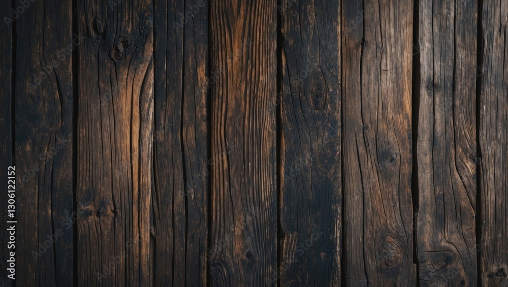 Naklejka premium Dark weathered wooden background with rich textures highlighting natural knots and grooves for rustic design concepts and backgrounds.