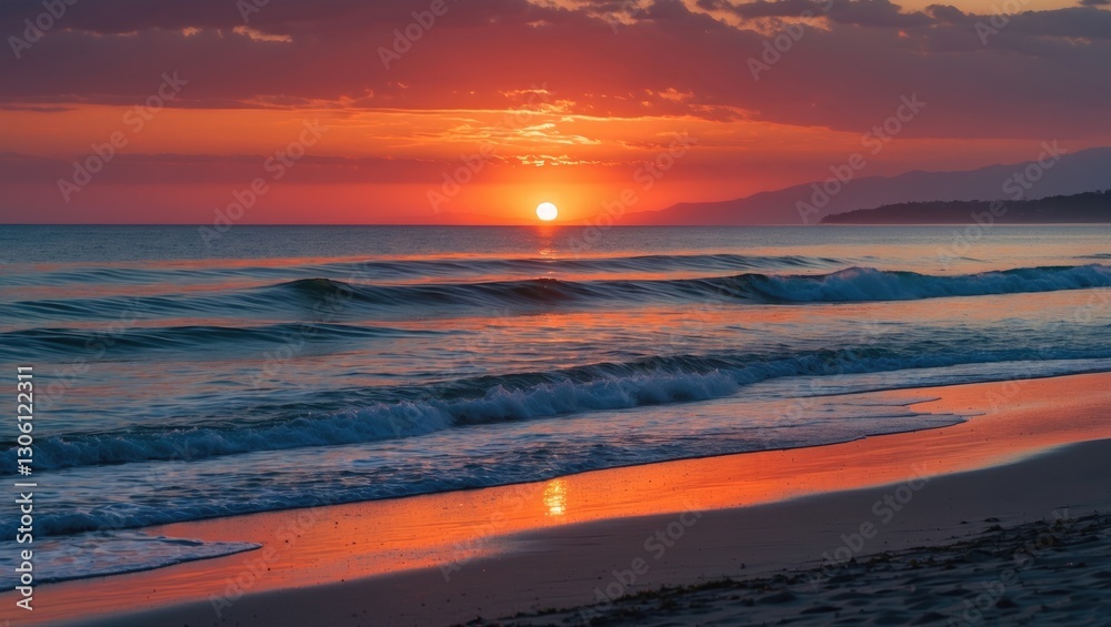 Fototapeta premium Serene Beach Sunset with Vibrant Colors and Gentle Waves Against a Tranquil Ocean Horizon