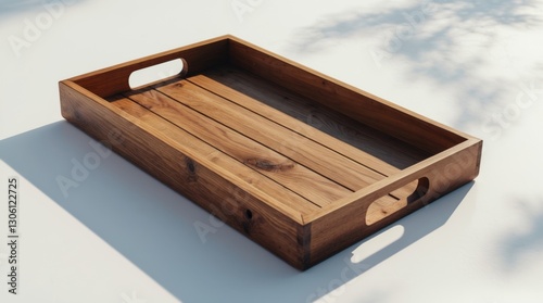 Rustic wooden serving tray with cutout handles on a clean white background for kitchen or home decor styling. photo