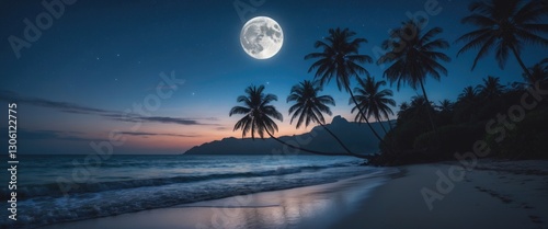 Fototapeta Naklejka Na Ścianę i Meble -  Tropical beach landscape with silhouetted palm trees under a full moon and starry night sky creating a serene dreamlike atmosphere.
