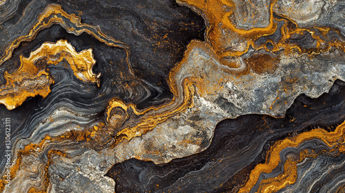 Abstract textured background with fluid shapes in brown, black, and silver colors, with golden copper tones, generative AI