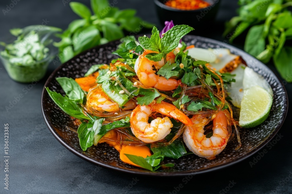 A traditional serving of Yam Woon Sen (glass noodle salad) with shrimp, fresh herbs, and chili-lime dressing A traditional serving of Yam Woon Sen (glass noodle salad) with shrimp, fresh herbs, and chili-lime dressing