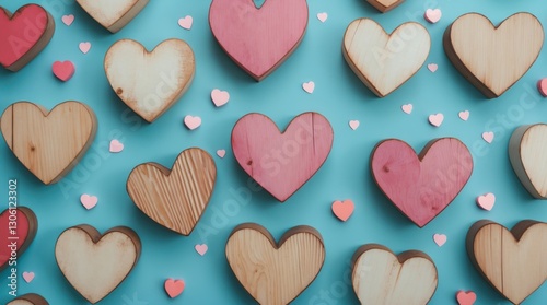 Wooden hearts in various colors on a pastel blue background creating a romantic composition for celebrations like Valentine's Day and Mother's Day.